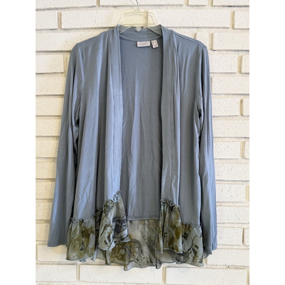 LOGO by Lori Goldstein Rayon 230 Cardigan with Printed Trim Gray Size Small